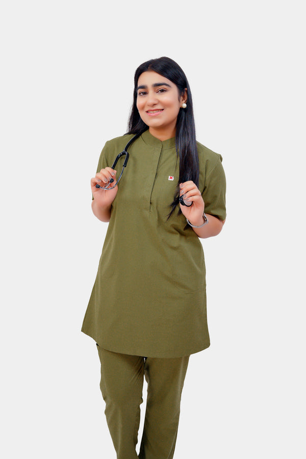 Medical Professional doctor or Nurse dressed in medical scrub with collar neck design. Olive Green. Collar Neck. Medixa